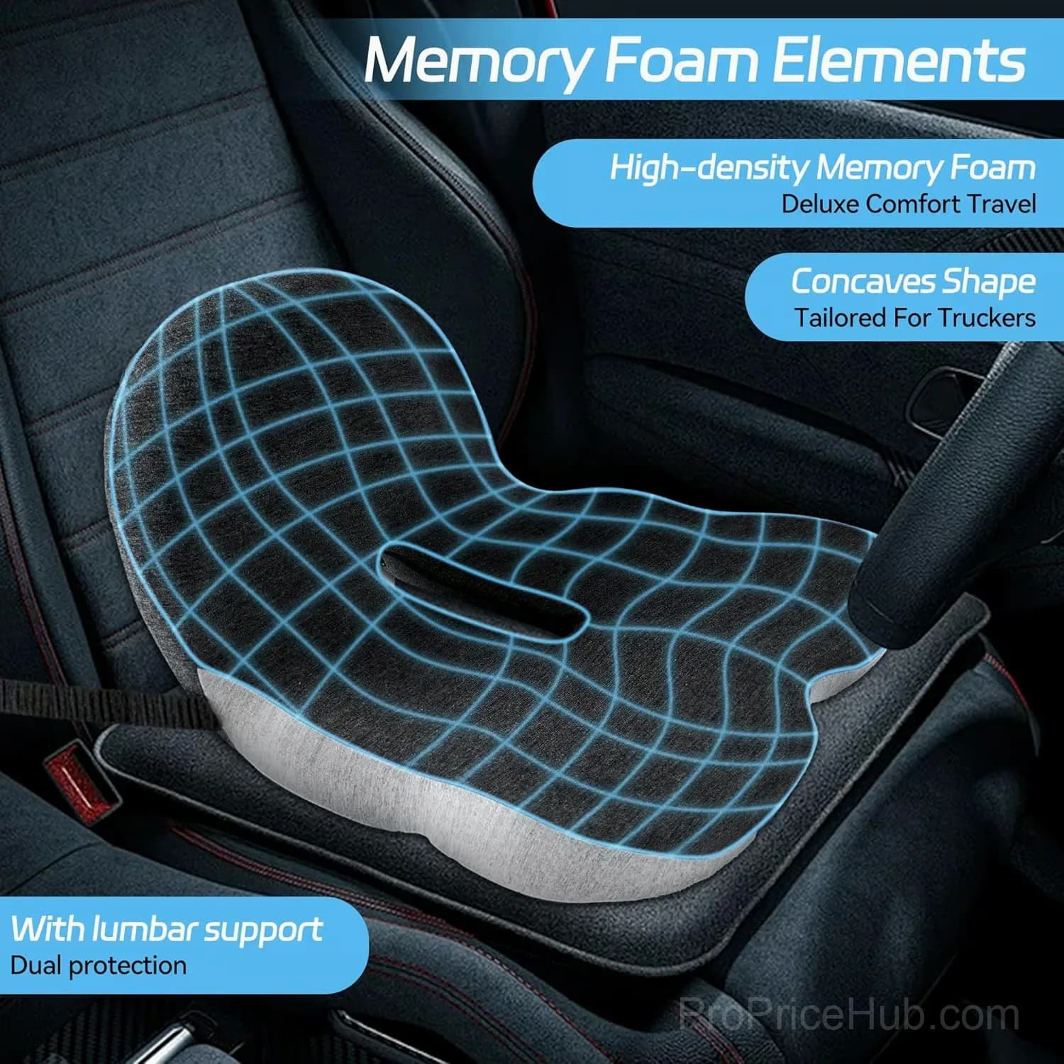 Ergonomic Non-Slip Memory Foam Car Seat Cushion, Black/Gray - View 2