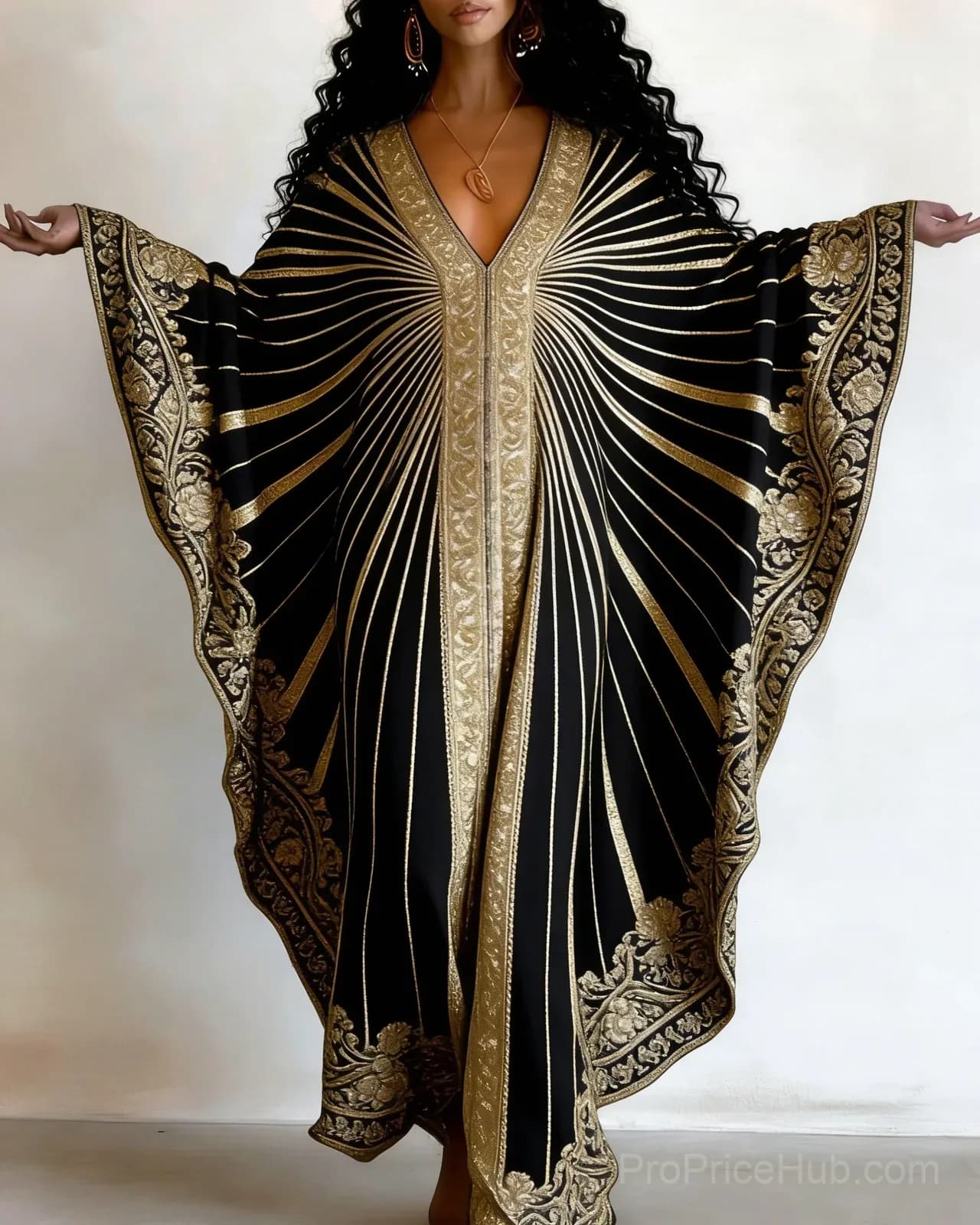 Golden Stripes African Print V-Neck Long Kaftan Dress - View 1
