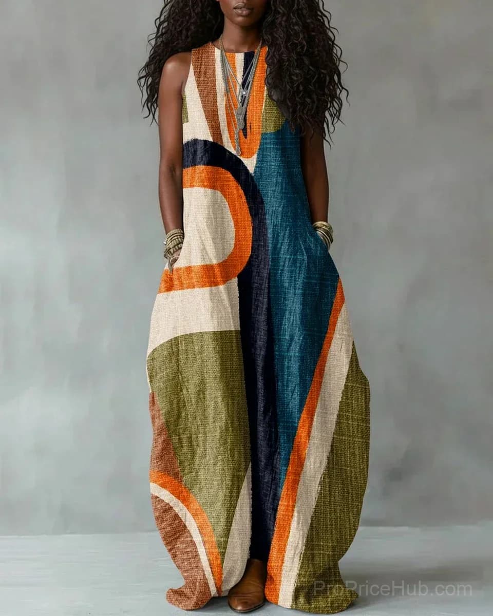 Retro Striped Print Sleeveless Round Neck Maxi Dress - View 1