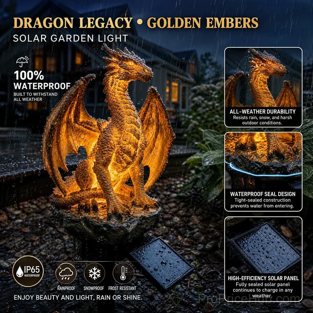 Gothic Dragon Golden Fire Solar Landscape Light - View 2