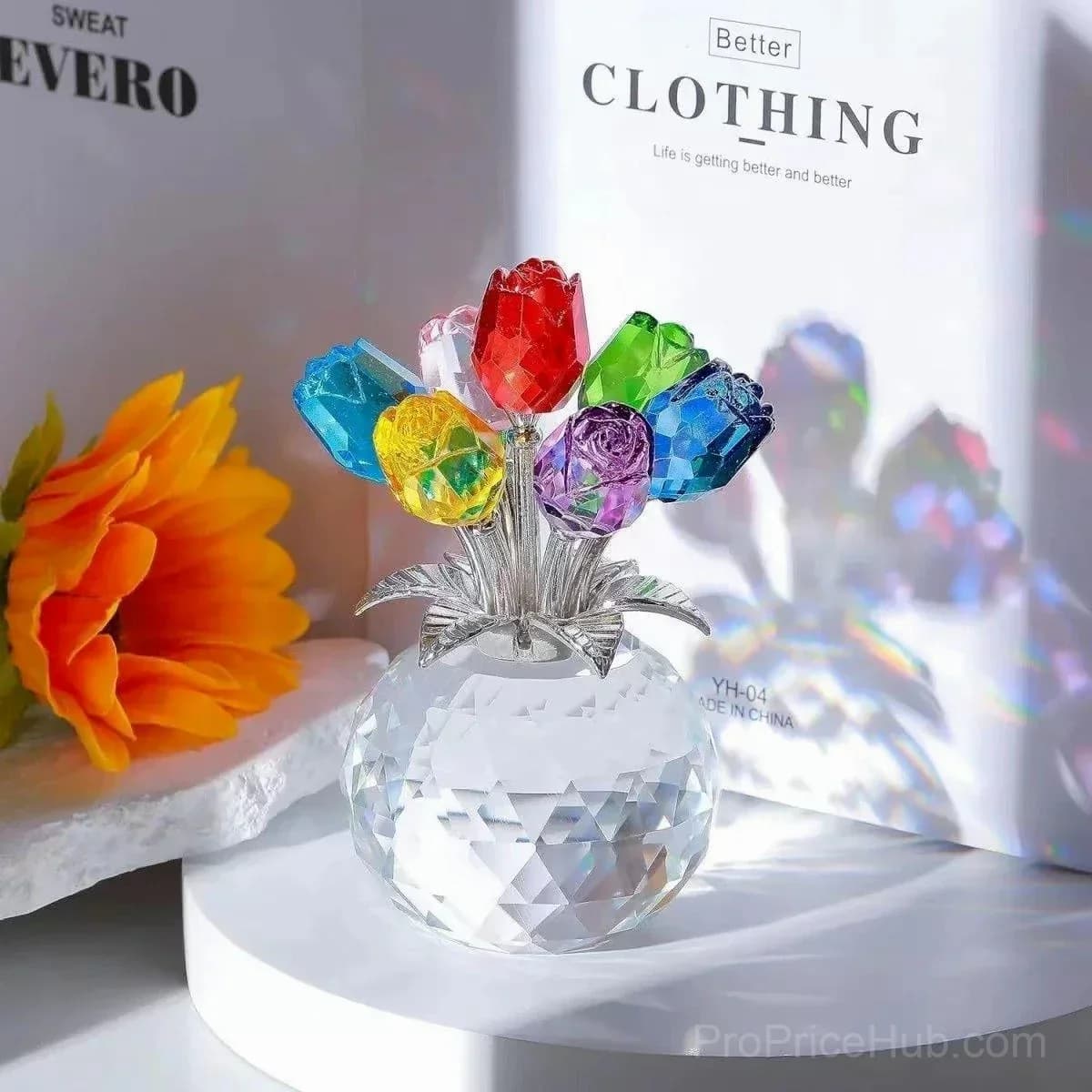 Crystal Colorful Rose Flower Figurine with Vase - View 1