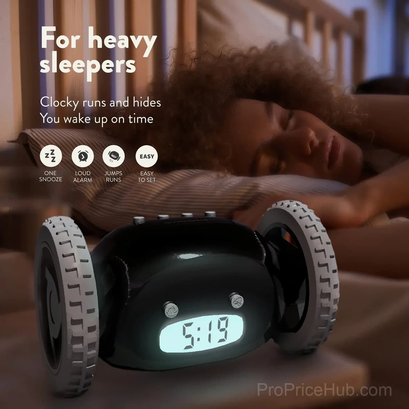 Rolling Alarm Clock on Wheels, Extra Loud, Black - View 2