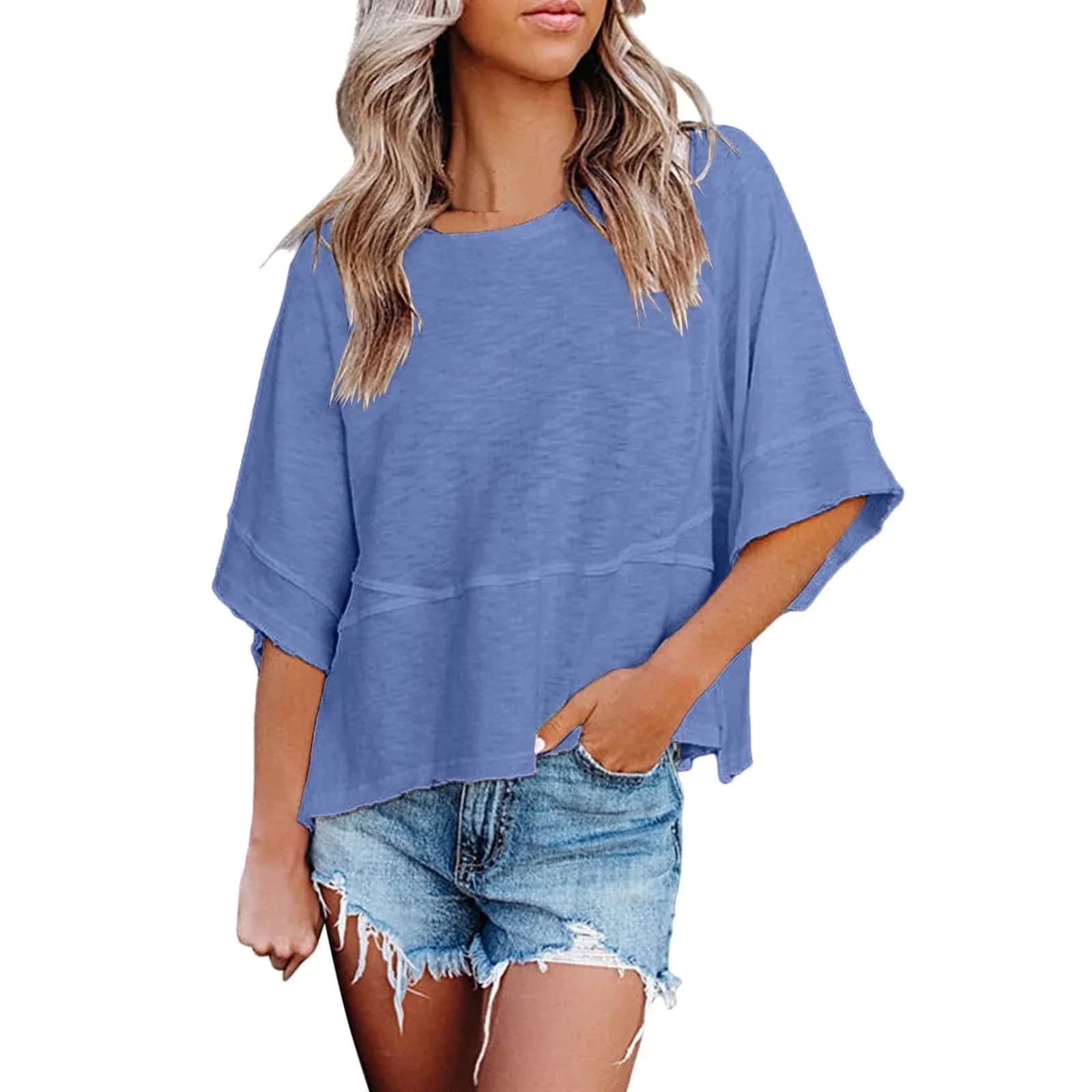Paneled Solid Color Flared Sleeve T-Shirt - View 9