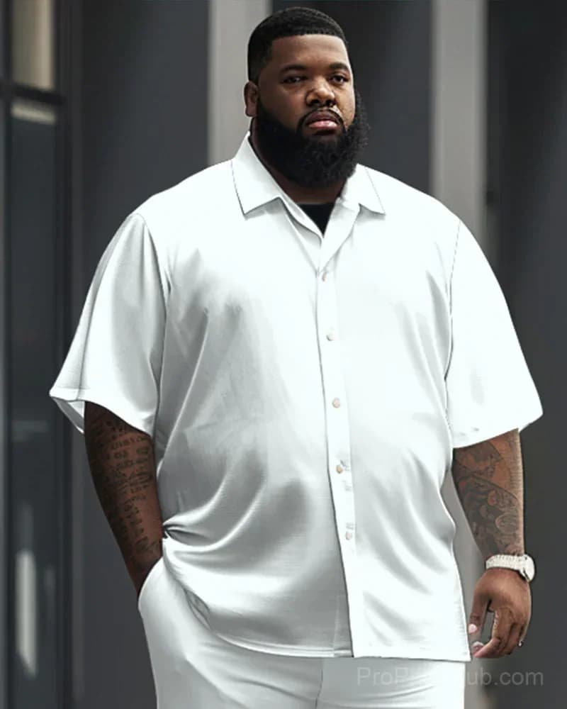 White Big Men's Short Sleeve Shirt & Trousers Set - View 5