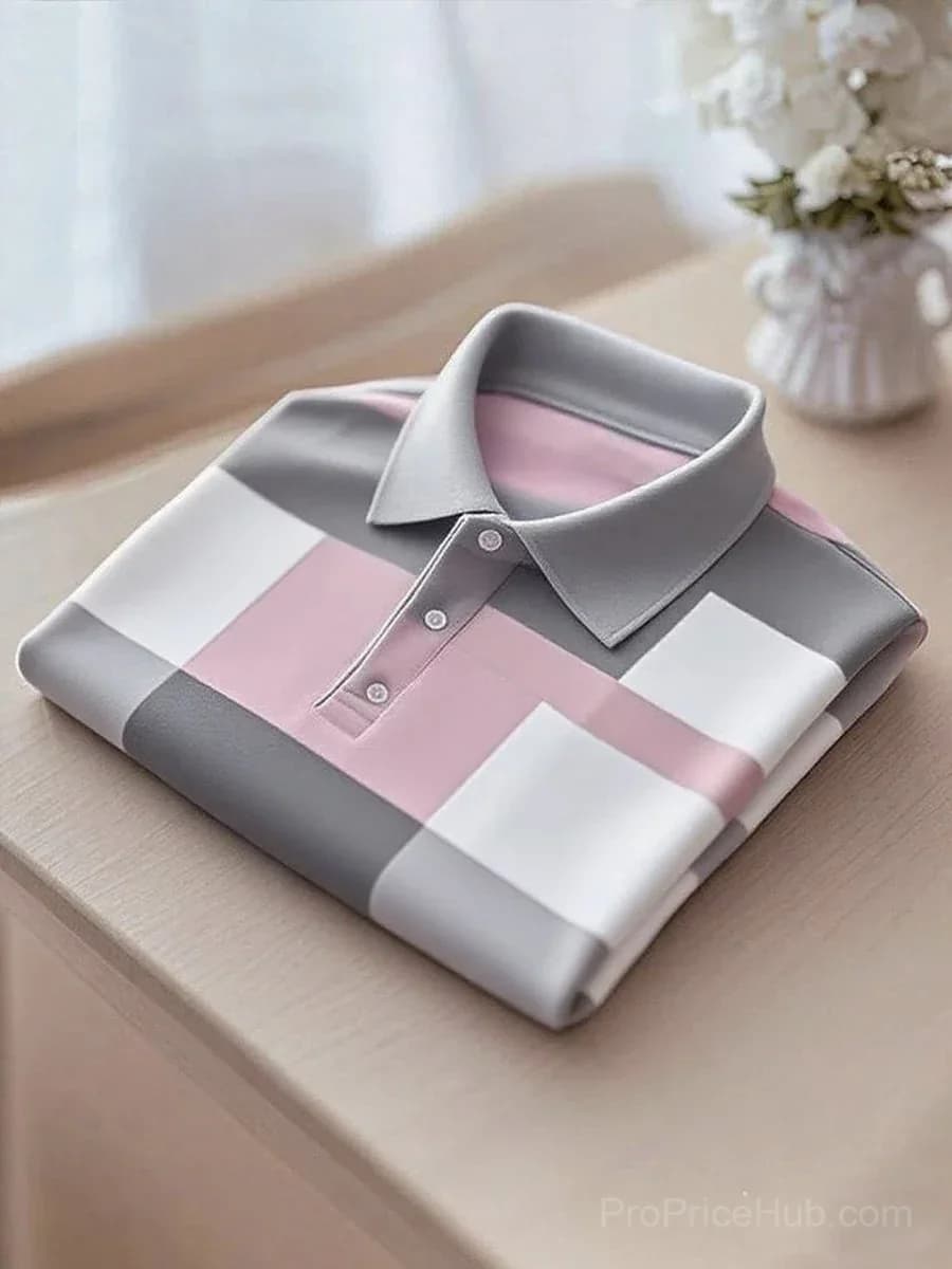 Men's Business Casual Short Sleeve Polo Shirt - Grey & Pink - View 1