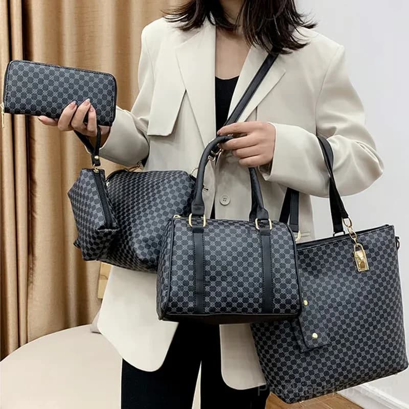 6-in-1 Printed Mother & Baby Shoulder/Crossbody Bag Set, Black - Alt