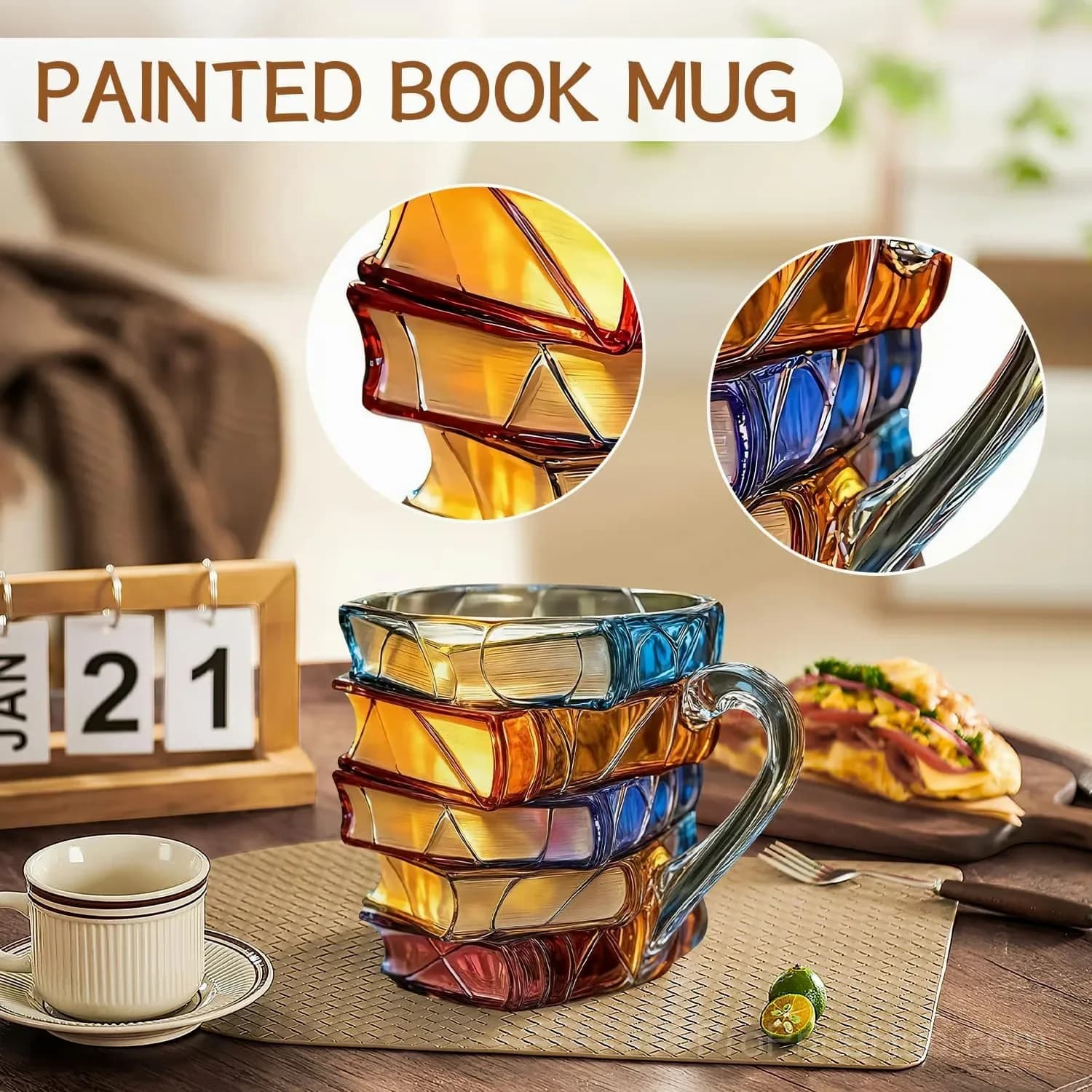 3D Painted Book Glass Coffee Mug for Readers, Option A - View 4