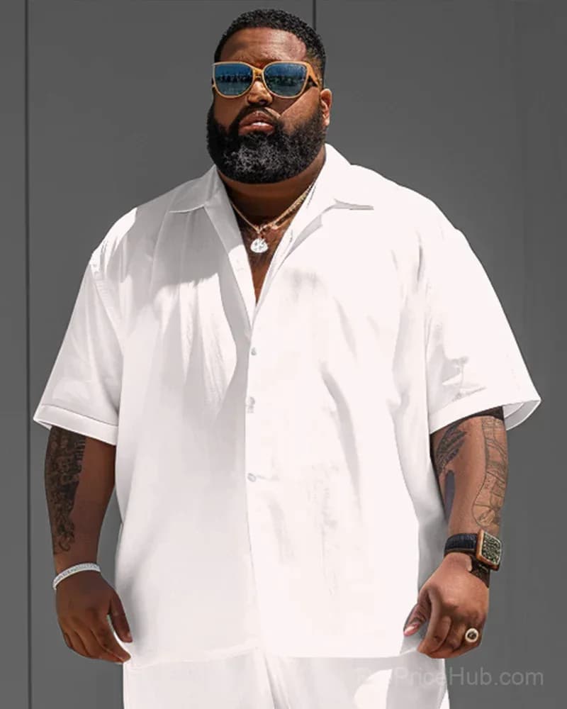 Big Guy White Solid Color Short Sleeve Shirt and Shorts Set - View 3