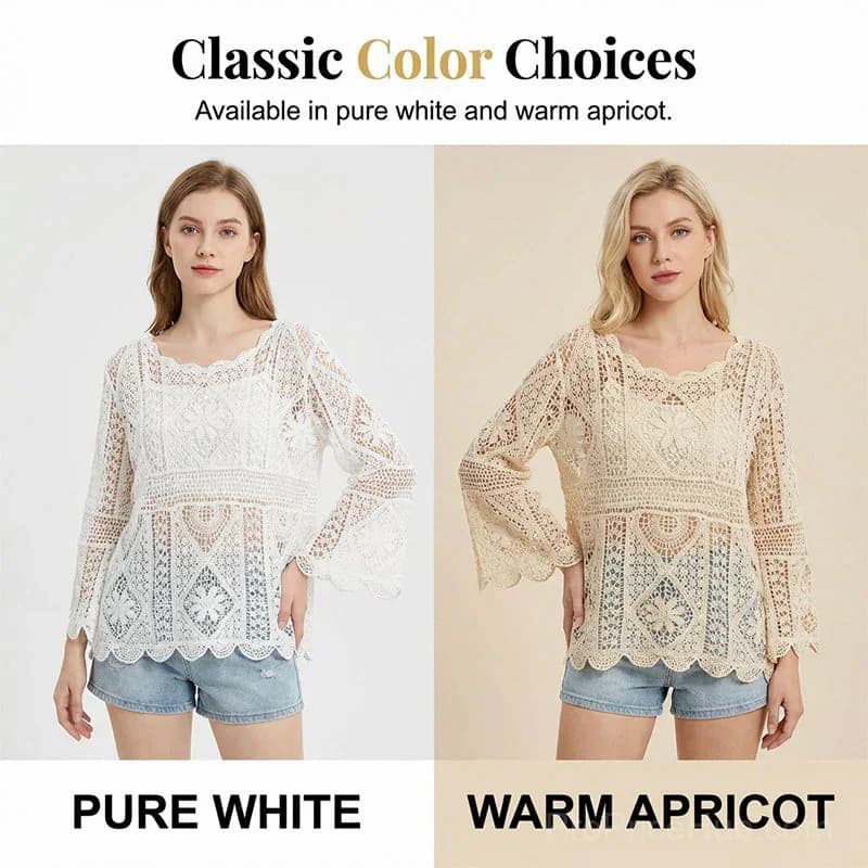 Women's Vintage Lace Cover-Up Blouse – Flare Sleeves Bohemian Beachwear - View 6