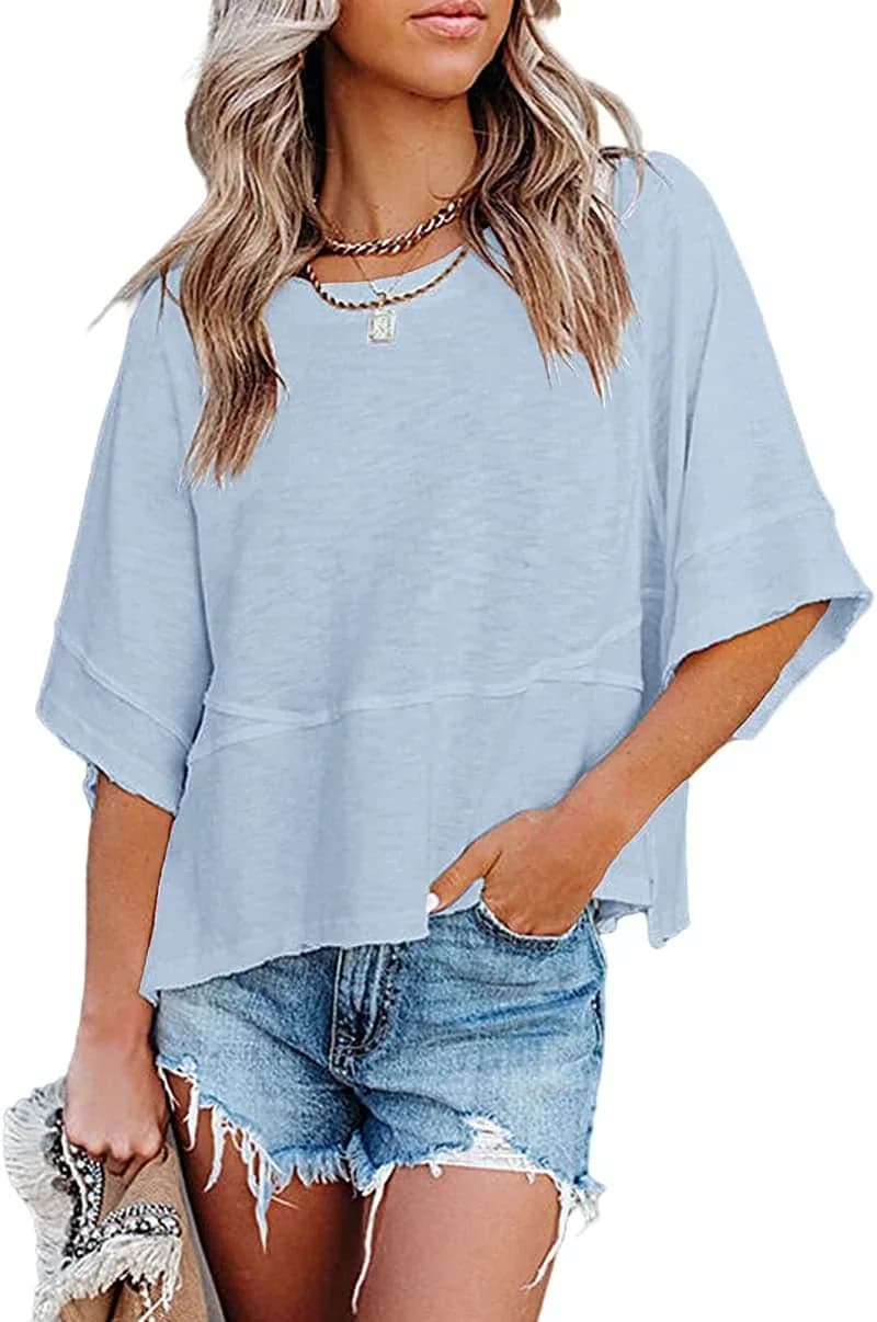 Paneled Solid Color Flared Sleeve T-Shirt - View 6