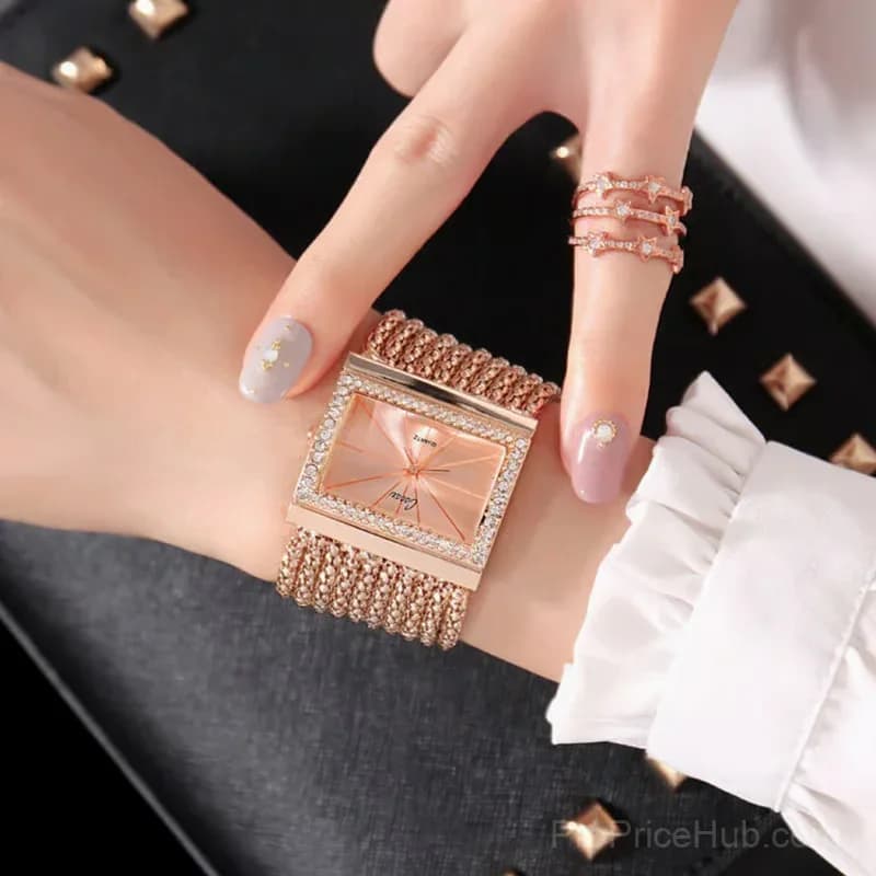 Ladies Gold Rhinestone Square Quartz Watch - View 4