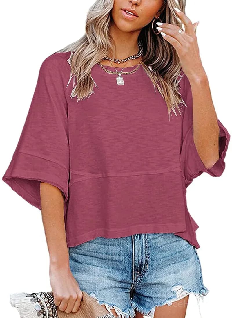 Paneled Solid Color Flared Sleeve T-Shirt - View 10