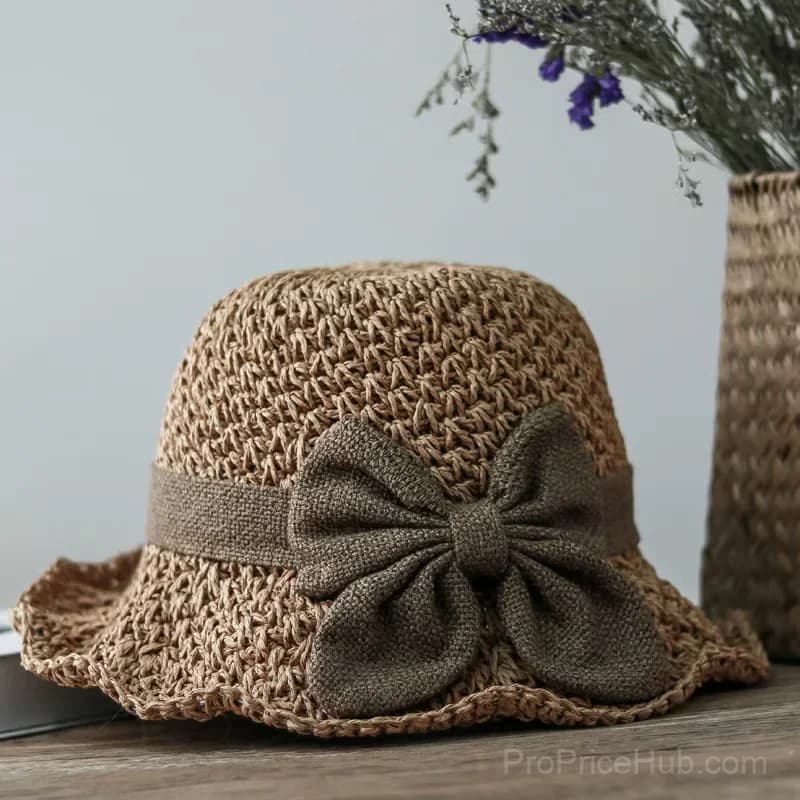 Khaki Foldable Straw Sun Hat with Retro Bow - Main
