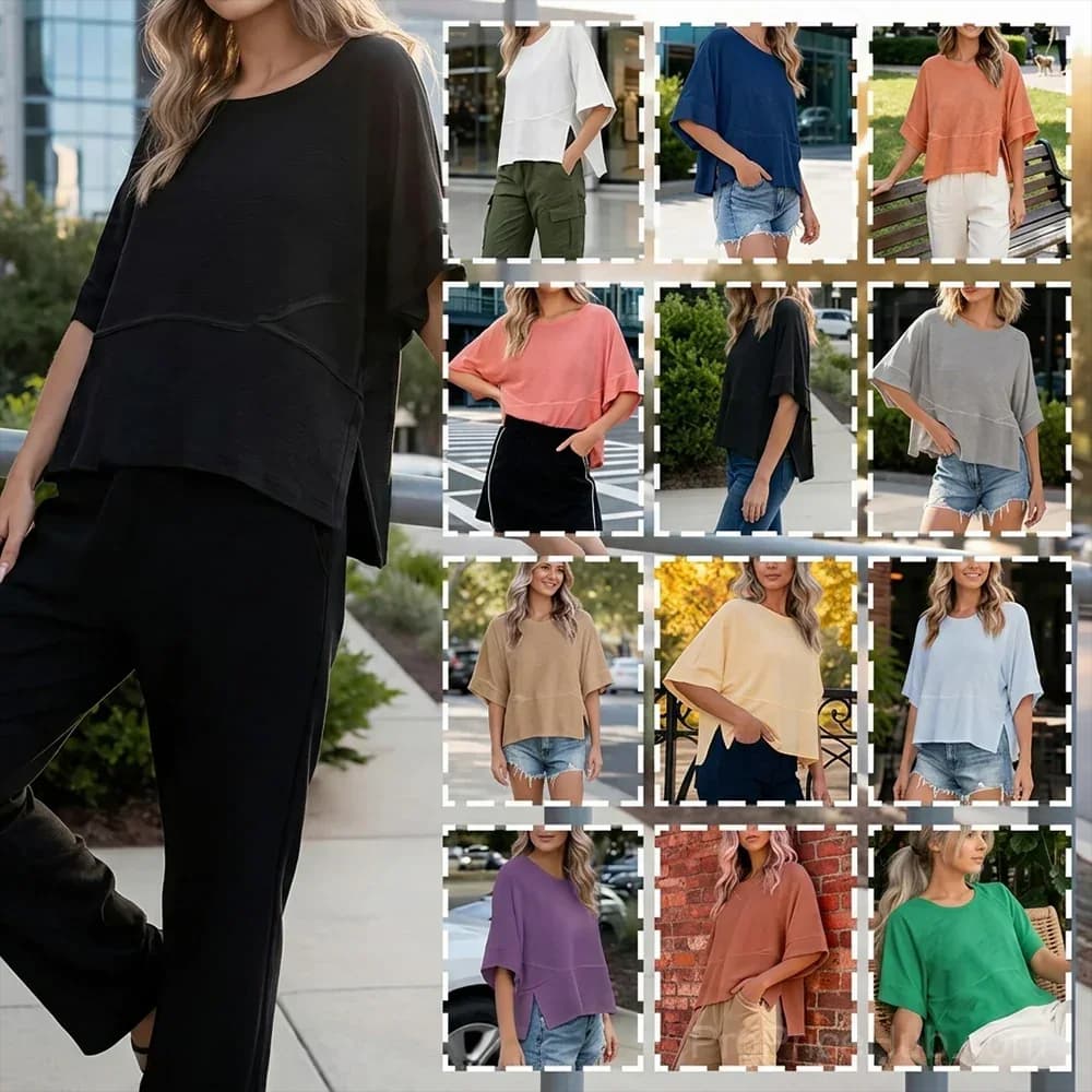 Solid Color Panel T-Shirt with Flared Sleeves - View 3