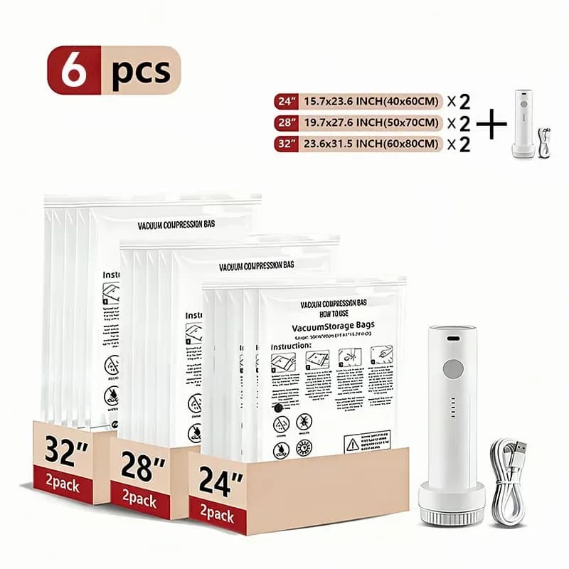 Cordless Travel Vacuum Storage Bag Set with Rechargeable Pump, 6-Pc - Main