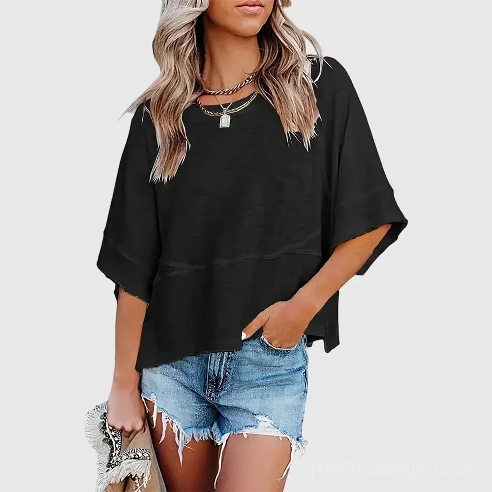 Solid Color Panel T-Shirt with Flared Sleeves - View 1