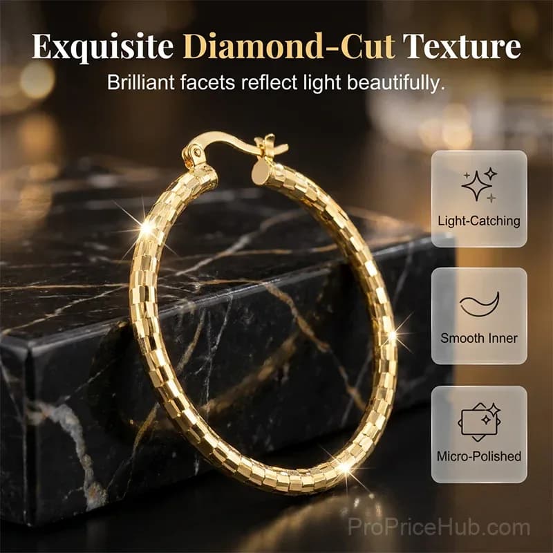 Women's Minimalist Textured Hoop Earrings - Diamond-Cut, Snap Closure - View 3