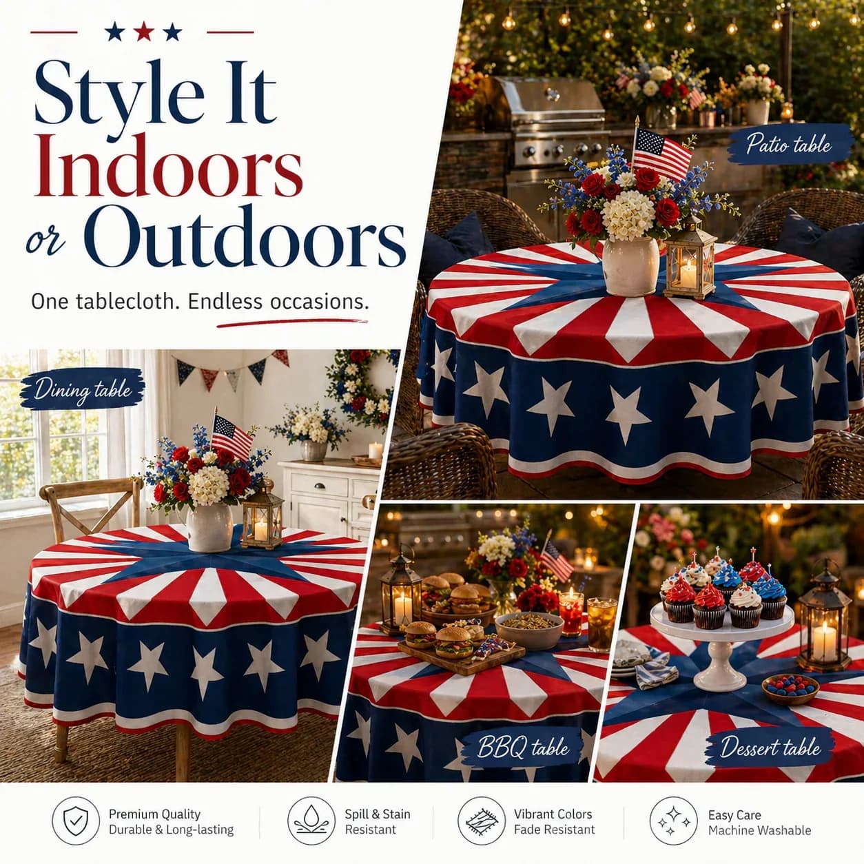 Patriotic Starburst Round Tablecloth - July 4th Independence Day Decor & Outdoor Picnic Cover - View 5