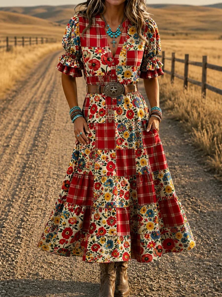 Retro Floral Art Print Midi Dress - View 1