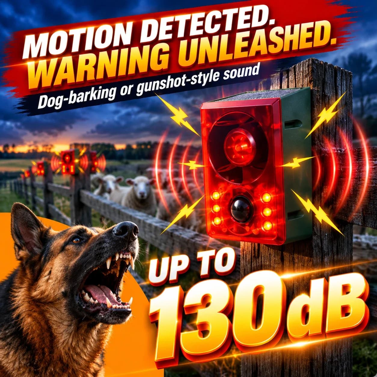 Up to 130 dB dog-barking or gunshot-style warning sound, illustrated with an active fence-mounted alarm