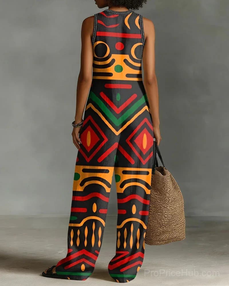 Geometric Print Linen Blend Sleeveless Jumpsuit with Zipper & Stand Collar - View 2