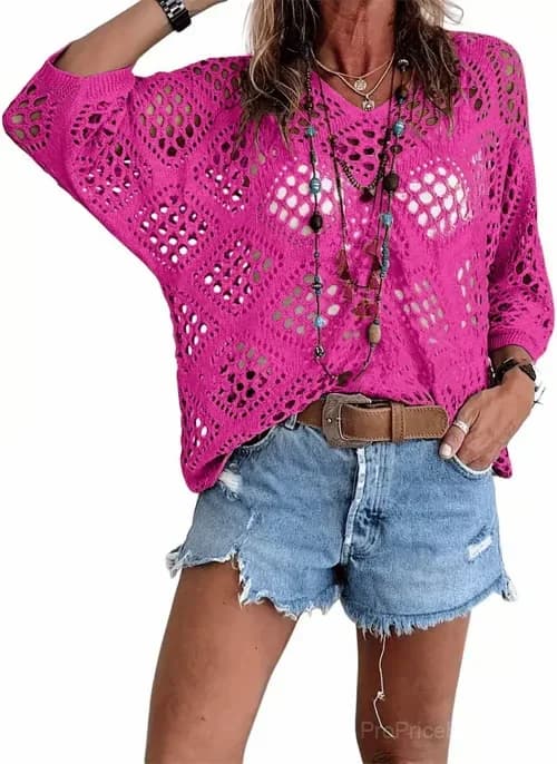 Women's Bohemian Beige Crochet V-Neck Top, Apricot, S - View 7