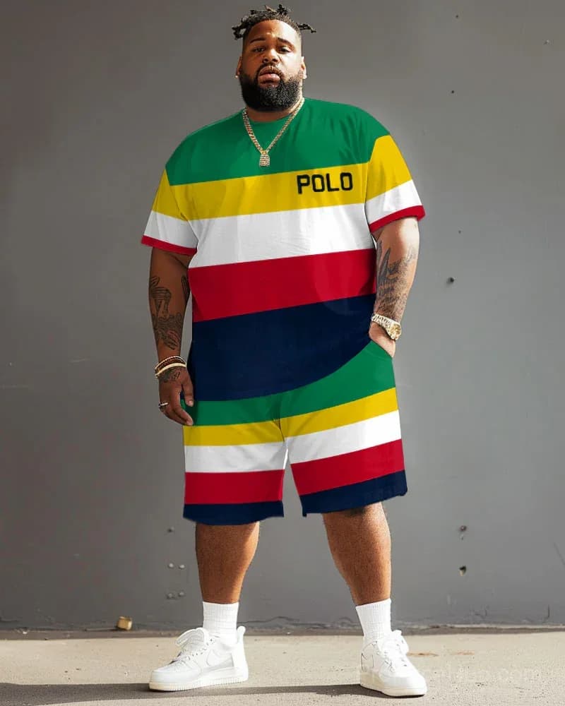 Big Guy's Polo Color Stripes T-Shirt and Shorts Set - View 1