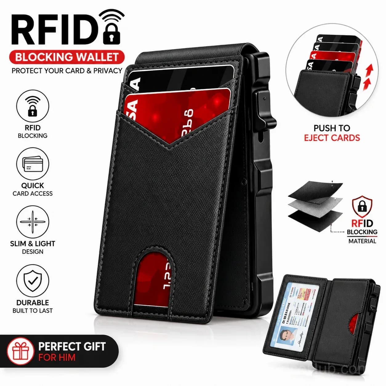 RFID Blocking Minimalist Pop-Up Wallet - Ultra Slim, One-Second Card Eject - View 2