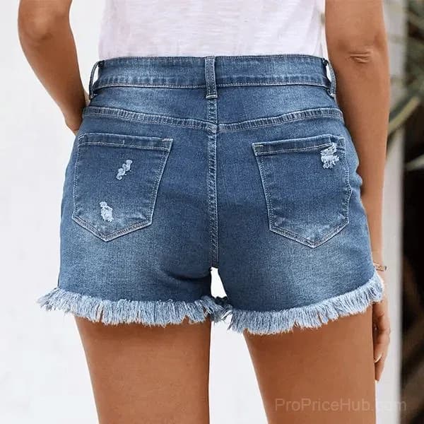 Women's Mid Rise Stretch Denim Shorts, Ripped Raw Hem - View 2