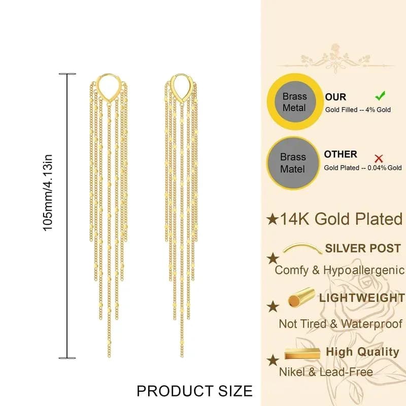 14K Gold Plated Long Tassel Earrings for Women - View 7