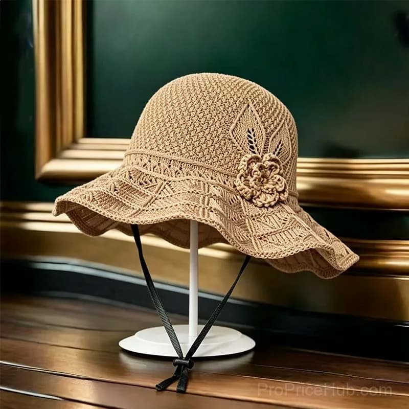 Women's Crochet Bucket Hat with Flower Accent - View 1
