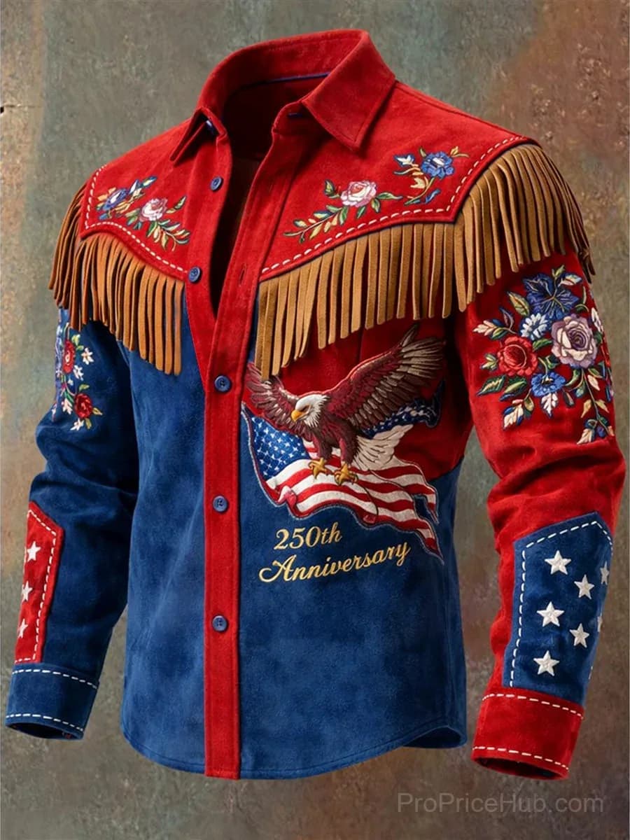 Men's Retro Western Art Print Tassel Long Sleeve Shirt - View 1