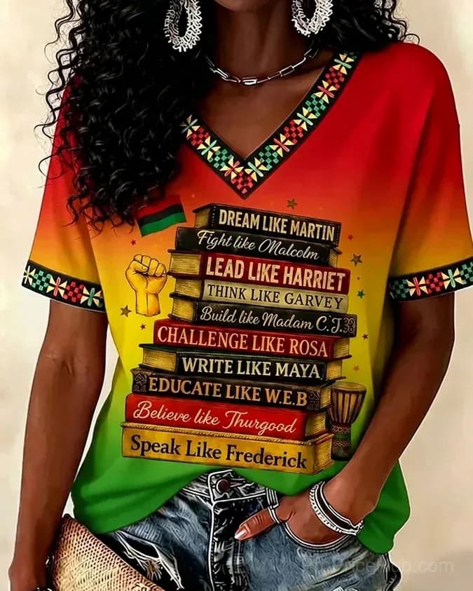 Juneteenth Black Culture Print V-Neck Short Sleeve T-Shirt - View 1