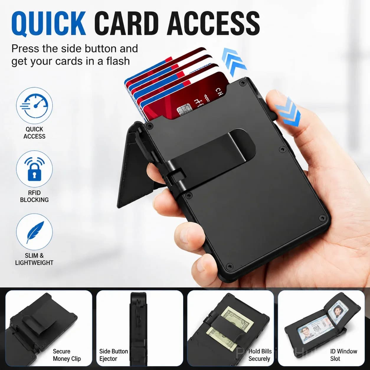 RFID Blocking Minimalist Pop-Up Wallet - Ultra Slim, One-Second Card Eject - View 3