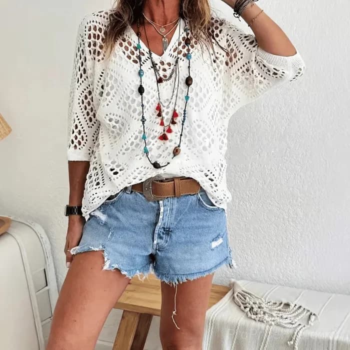 Women's Bohemian Beige Crochet V-Neck Top, Apricot, S - View 3