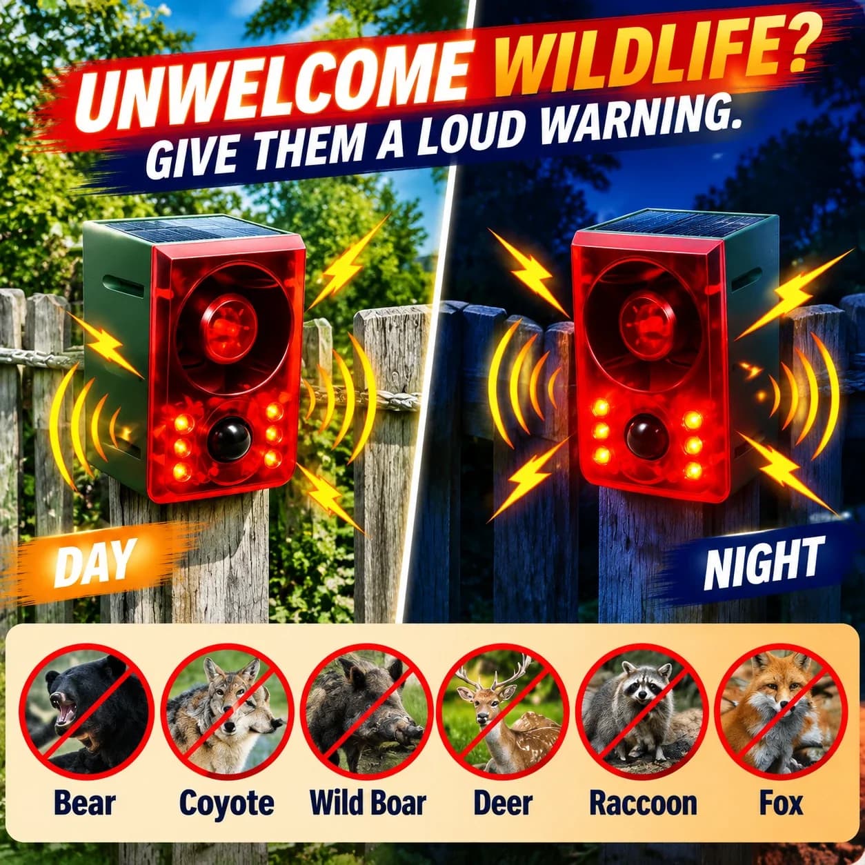 Day and night wildlife-deterrent applications with bear, coyote, wild boar, deer, raccoon and fox illustrations