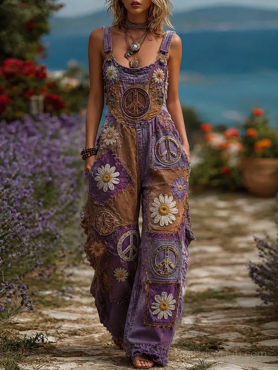 Women's Retro Style Art Print Washed Cotton Denim Patchwork Jumpsuit - View 2