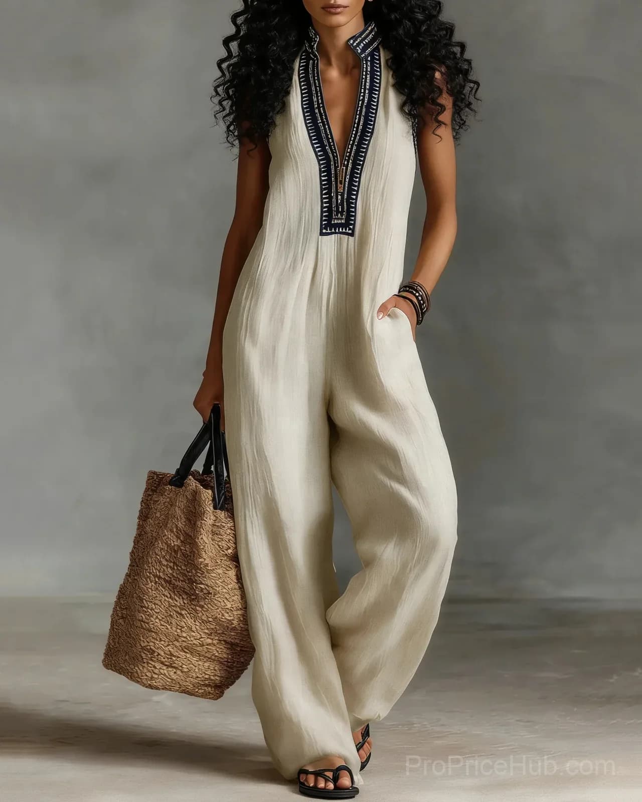 Women's Minimalist Linen Blend Sleeveless Jumpsuit with Stand Collar - View 1