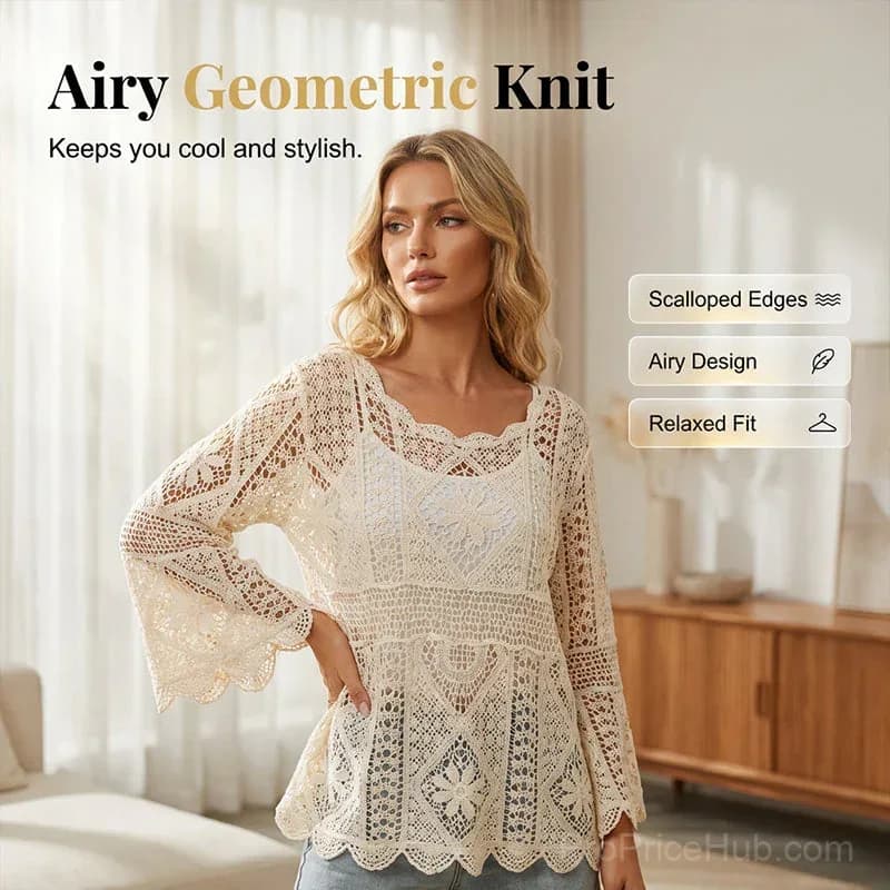 Women's Vintage Lace Cover-Up Blouse – Flare Sleeves Bohemian Beachwear - View 8