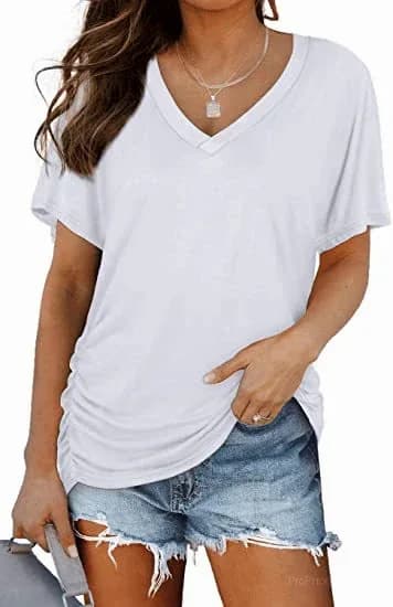 Women's Short Sleeve V-Neck Dolman Top - Soft Breathable Loose Fit Blouse with Side Shirring - View 1