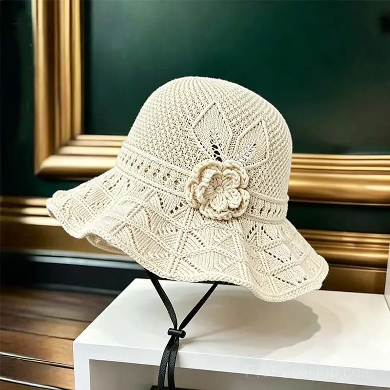 Women's Crochet Bucket Hat with Flower Accent - View 2