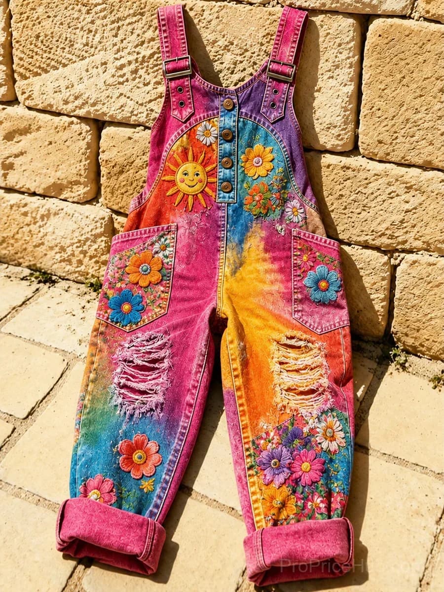 Women's Retro Art Print Denim Patchwork Jumpsuit - View 1