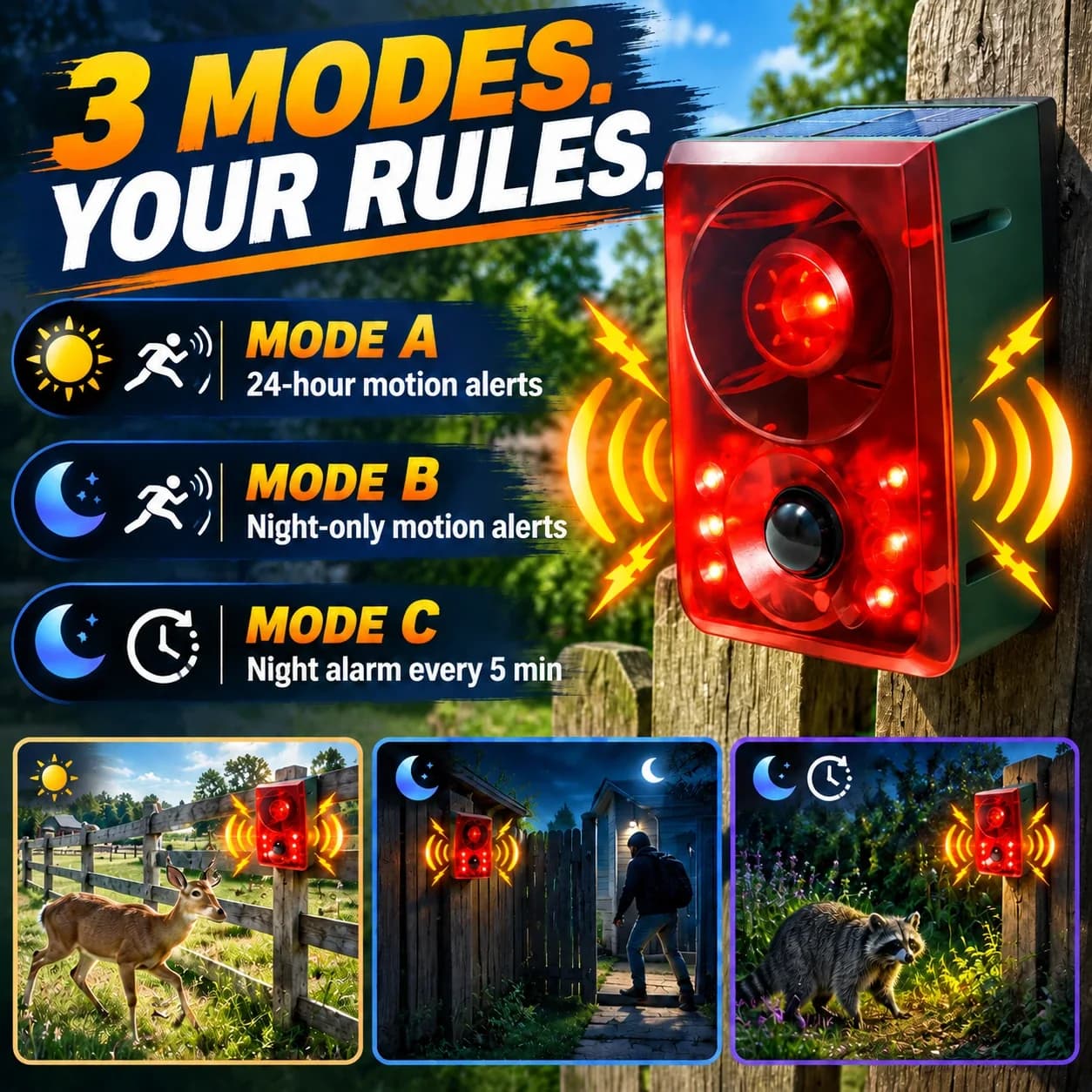 Three modes: 24-hour motion alerts, night-only motion alerts and a timed night alarm every five minutes