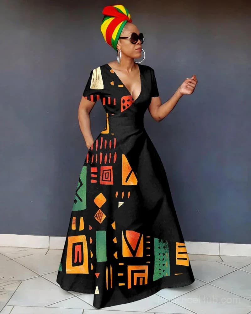 Reggae-Colored V-Neck African Geometric Maxi Dress with Pockets - View 1