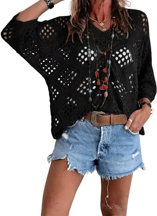 Women's Bohemian Beige Crochet V-Neck Top, Apricot, S - View 6