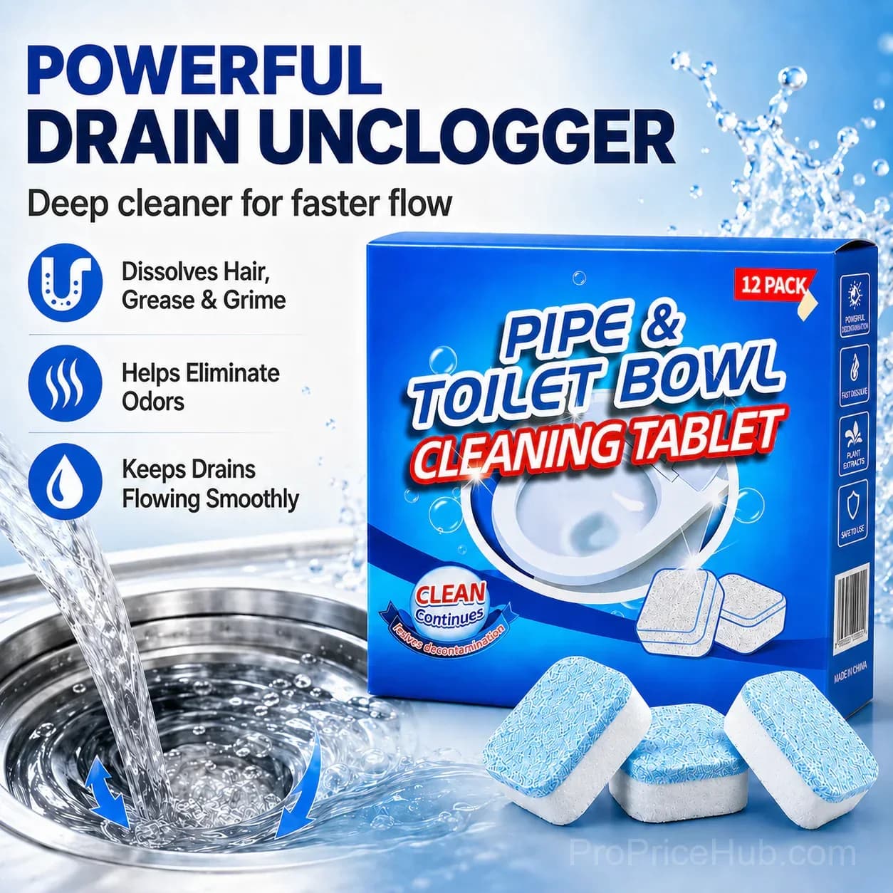 Drain Cleaning Tablets 12-Pack for Sinks, Showers & Washing Machines - View 1