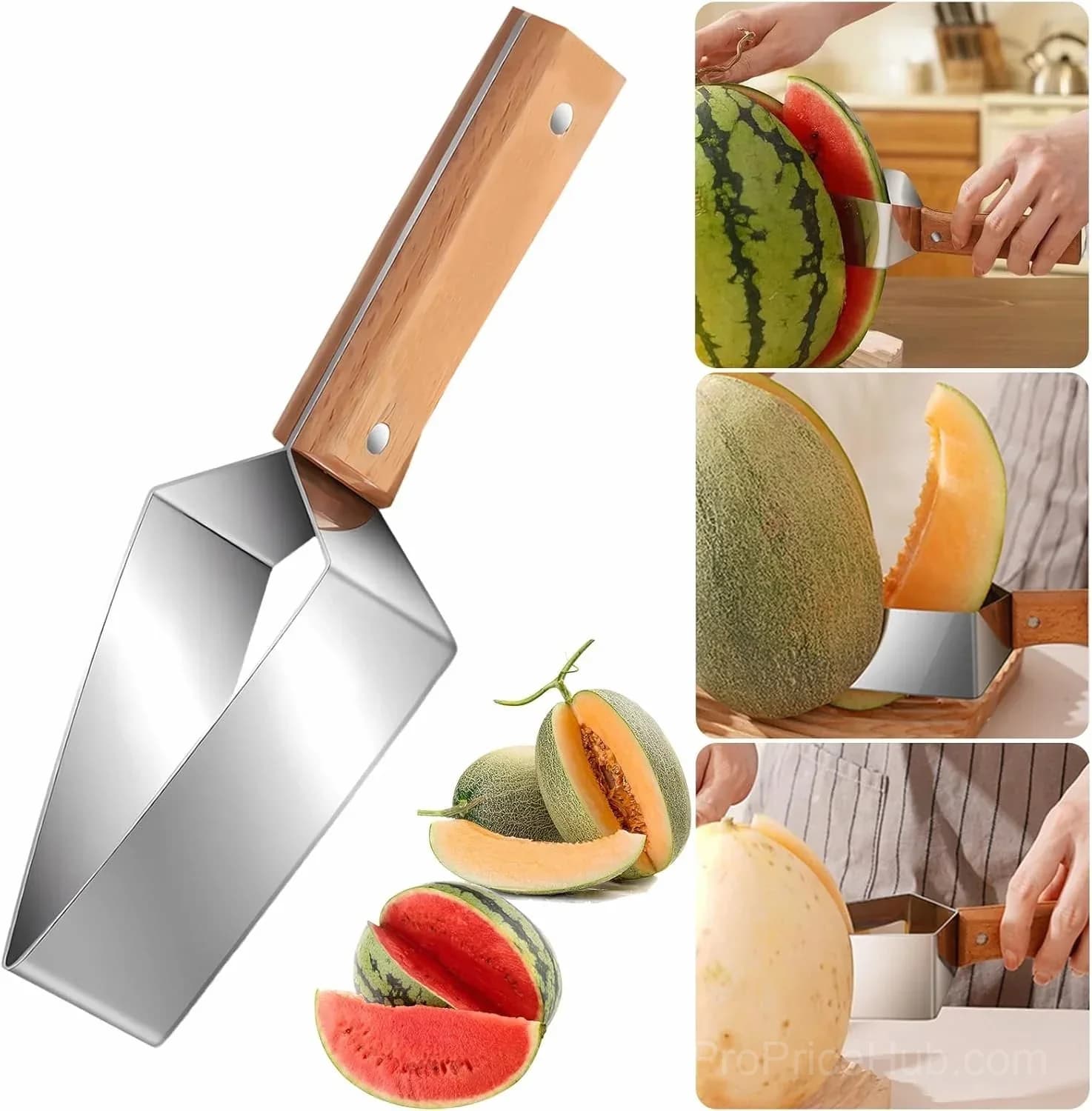 Stainless Steel Triangle Watermelon Cutter with Wooden Handle - View 1