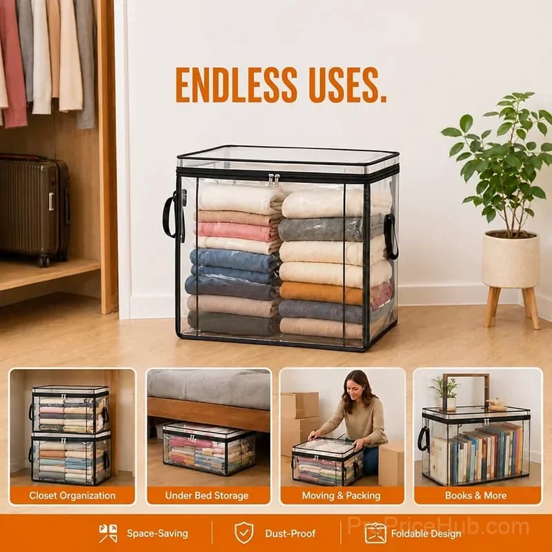 Portable Large Heavy-Duty Clear Plastic Storage Box with Hinged Lid - View 2