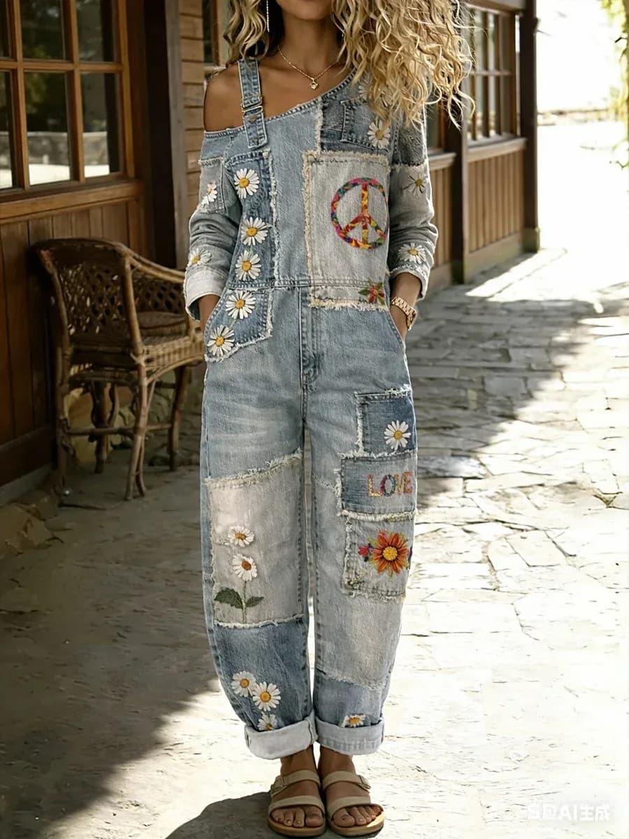 Women's Retro Floral Washed Cotton Denim Patchwork Jumpsuit - View 1