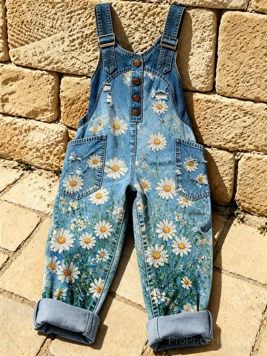 Women's Retro Print Washed Cotton Denim Patchwork Jumpsuit - View 1